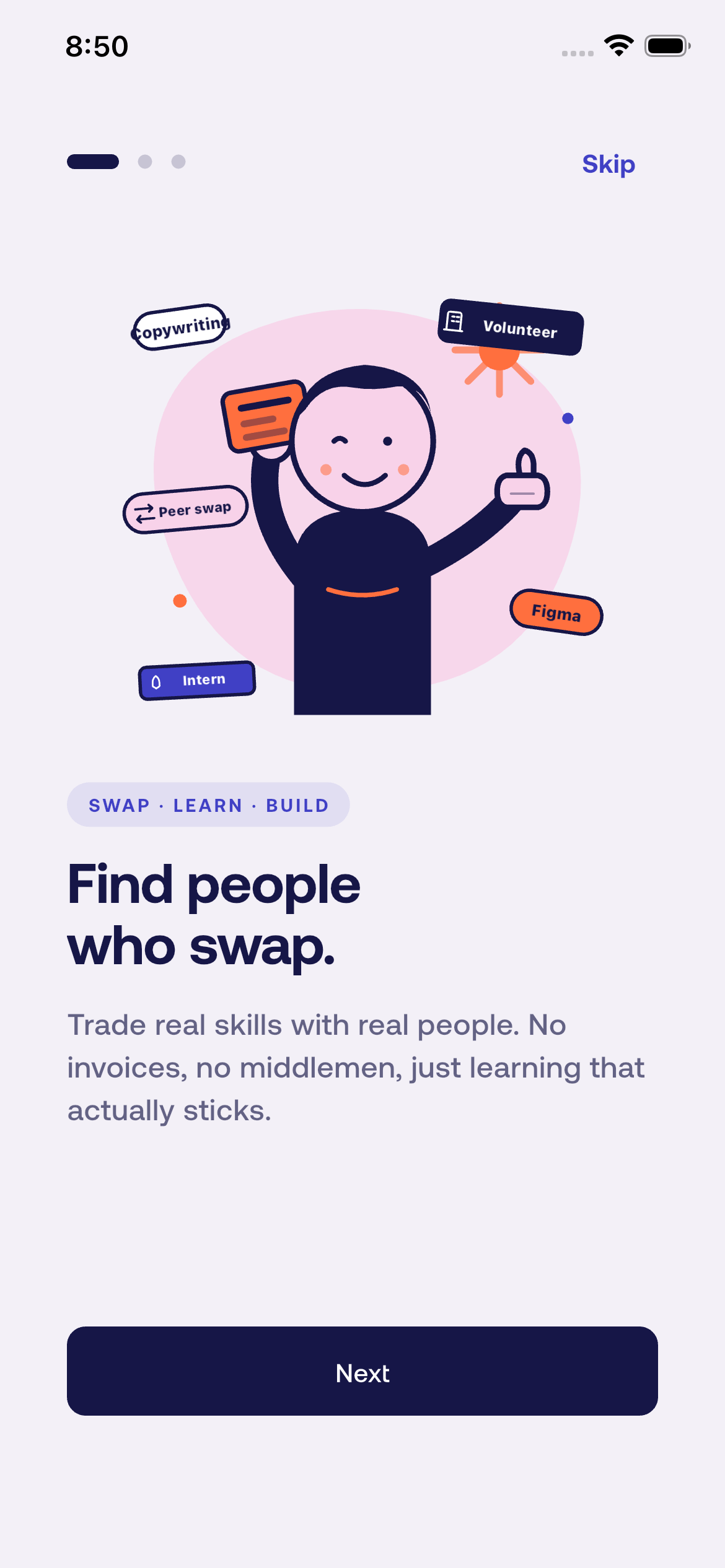 Swaplyst onboarding screen showing skill swap chips