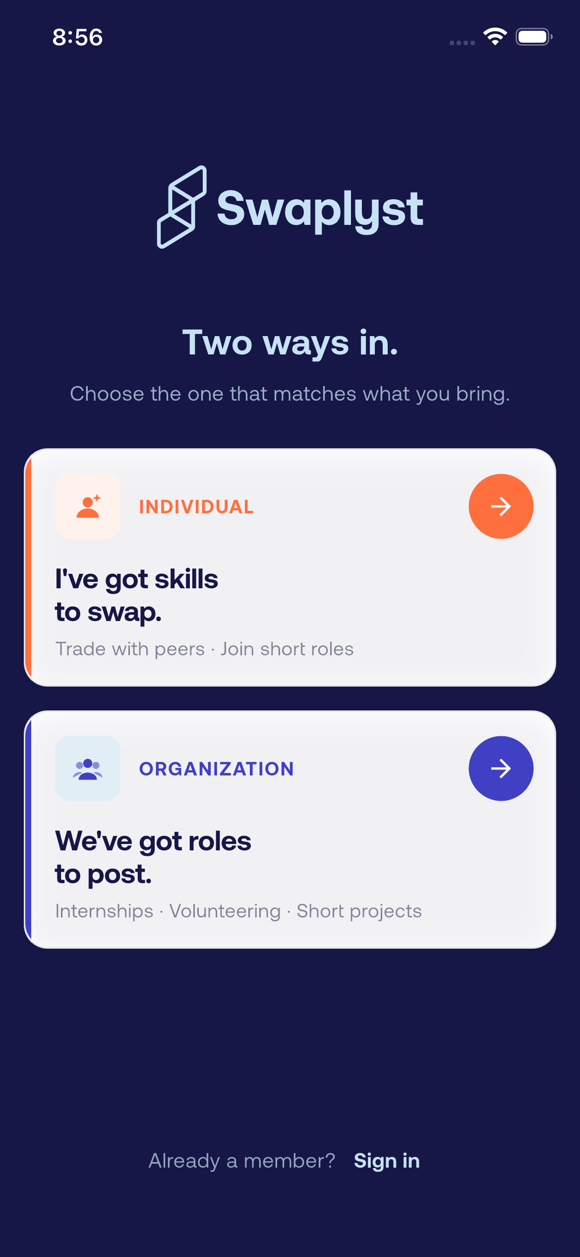 Swaplyst role picker showing Individual and Organization options